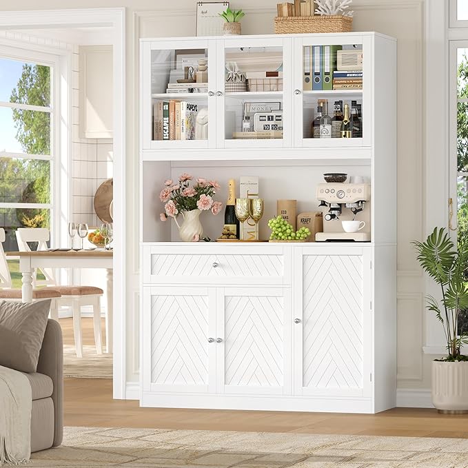 72??Tall Kitchen Pantry Storage Cabinet, Modern White Kitchen Hutch with Large Storage Drawer, Countertop, Adjustable Shelves, Food Pantry Cabinets for Dining Room, Living Room