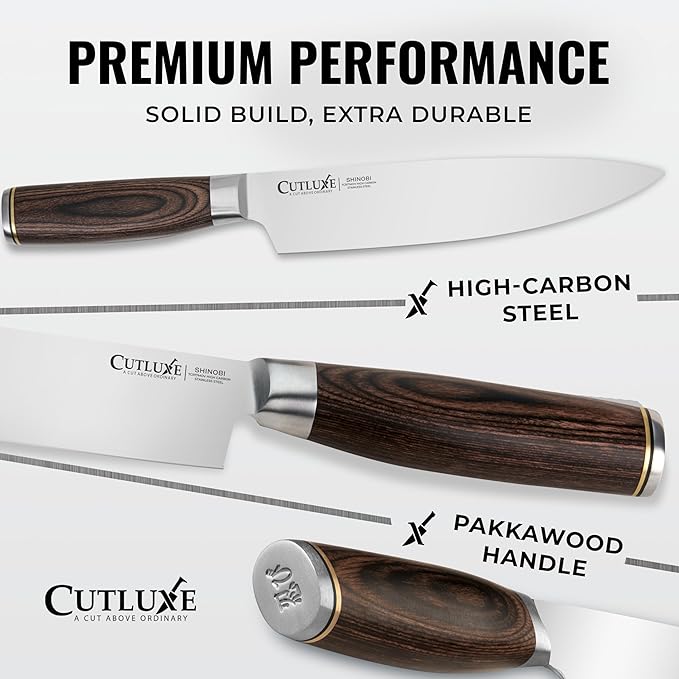 Cutluxe 3-Piece Chef Knife Set ??Ultra Sharp Japanese Kitchen Knives, High Carbon Stainless Steel Blades, Full Tang Pakkawood Handles ??Shinobi Series