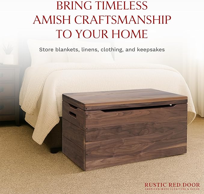 Hope Woodworking Amish Made Wooden Storage Chest Trunk Box with Lid and Handles for Bedroolanket, Clothes, Anti-Slam Hinges, Handmade, Rustic, Walnut Wood, Natural Stain, 42"