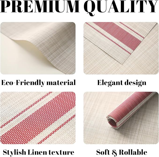 SUMYMERY Placemats Set of 12 Vinyl/Plastic Woven Place Mats for Kitchen Table Indoor/Outdoor Washable Placemat Wipeable Dining Table Mats (Khaki Red,12)