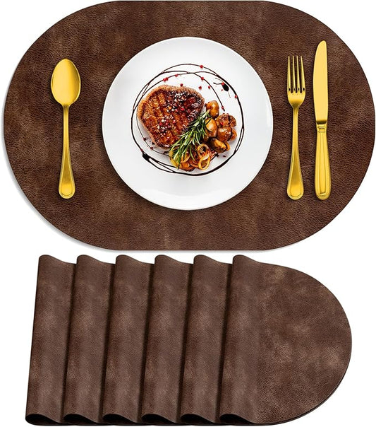 ADRIMER Placemats, Heat Resistant Oval Placemats Set of 6 Washable 12 x 17 Inch, Waterproof Table Mats, Wipeable Pu Place Mats for Kitchen, Dining Room, Brown