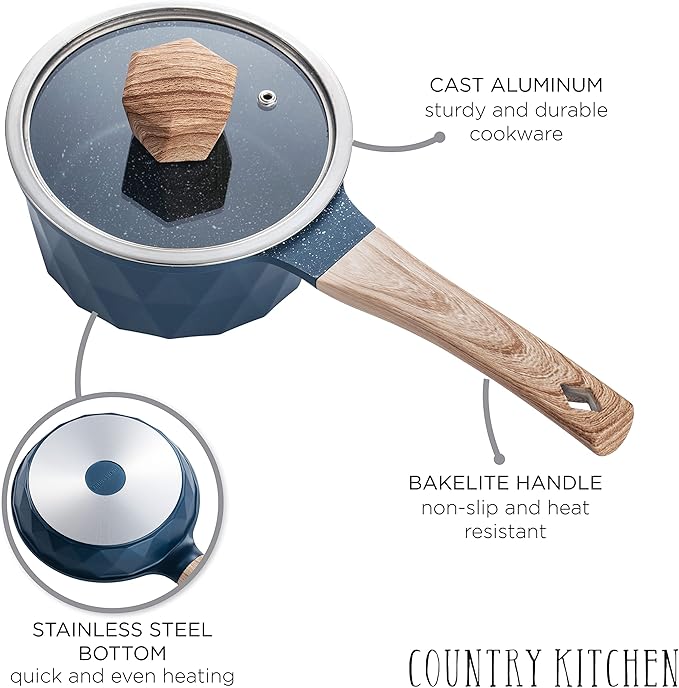 Country Kitchen Non-Stick Cast Aluminum Cookware Set - Durable Kitchen Cookware for Everyday Cooking, Navy Diamond, 11 Pc.