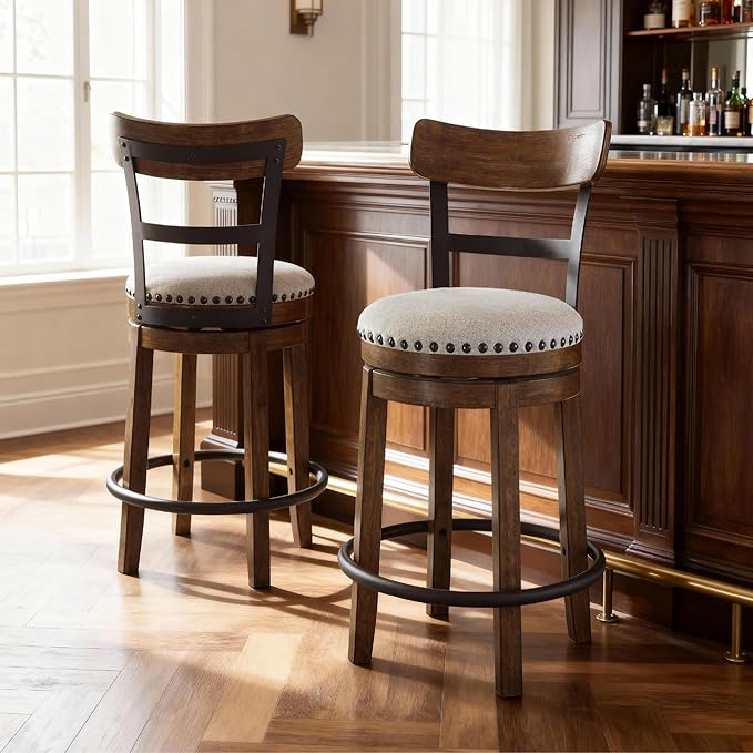 Signature Design by Ashley Valebeck Rustic Farmhouse Swivel Bar Stool ??24.5??Counter Height, 360째 Swivel Metal & Wood Frame, Polyester Upholstery ??Brown
