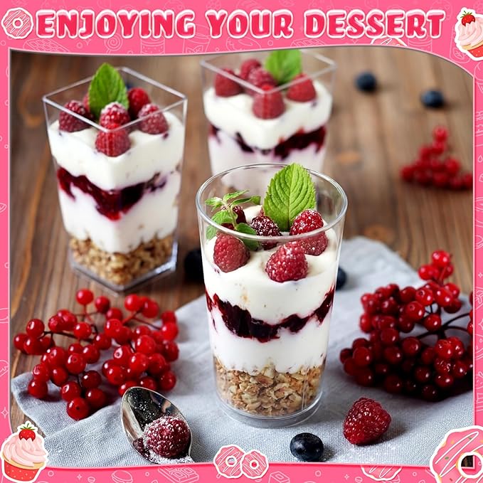 Uiifan 500 Pack 3 oz Mini Dessert Cups Tall Clear Plastic Parfait Cups cake Shooter for Desserts, Appetizers, Mousse Chocolate Dessert (Square Shape, Round Shape)