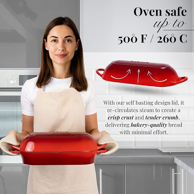 Enamelled Cast Iron Bread Loaf Pot ??Dutch Oven For Sourdough Bread Baking ??Oven Safe Non Stick Bread Pot ??Rectangular, Red, 34cm x 16cm ??by Nuovva