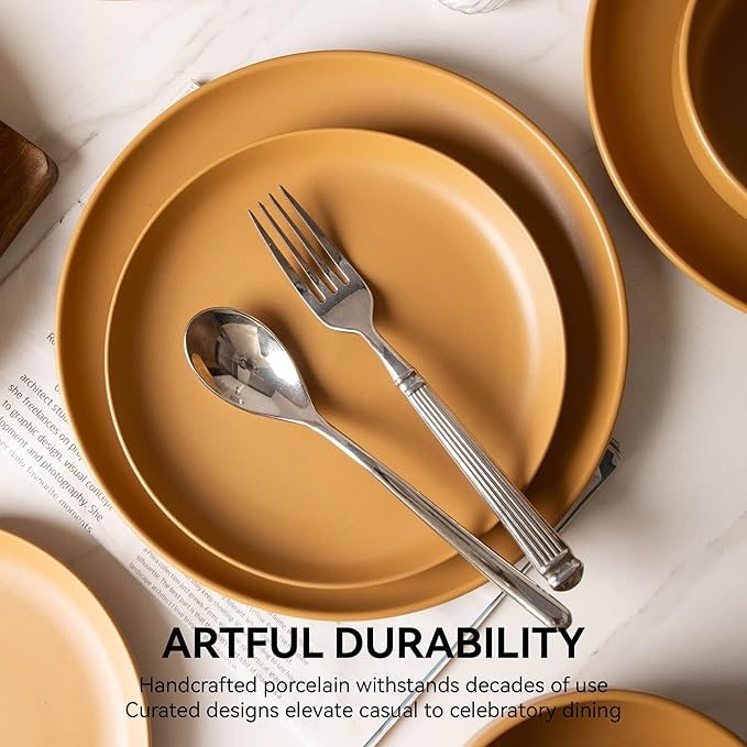 Furrnook 12-Piece Stoneware Dinnerware Set with Mugs | Microwave and Dishwasher Friendly | Stackable Matte Glaze Plates & Bowls | Service for 3 (Orange for 3)