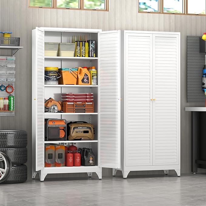 75" Tall Metal Pantry Cabinet, White Storage Cabinet with Doors and Shelves, Metal Cabinet for Kitchen, Dining Room, Living Room and Bathroom