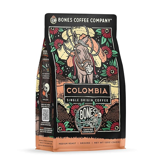 Bones Coffee Company Colombia Single-Origin Coffee, Almonds, Dried Fruit, Vanilla Notes, Flavored Ground Coffee, Medium Roast Low Acid Arabica Beans for Coffee Maker, 12 oz Ground