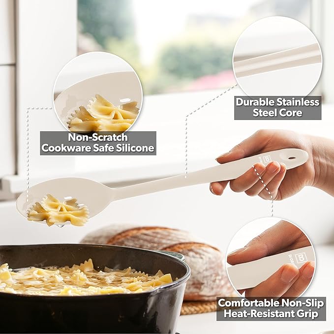 DI ORO Silicone Spoons for Cooking - Large Kitchen Spoons for Mixing, Serving, & Stirring - 600째F Heat-Resistant Non Stick Utensils ??Big Solid & Slotted Basting Spoons - Dishwasher Safe (2pc, Clay)