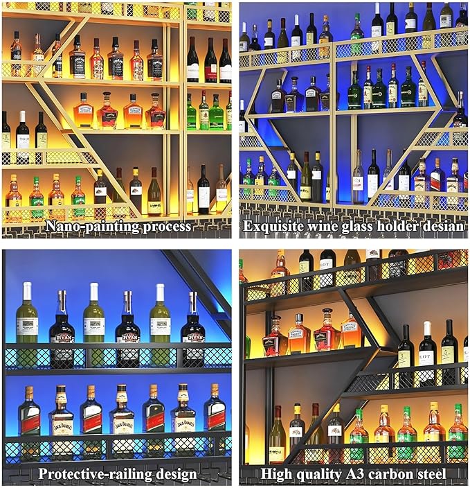 78.7in Metal Wine Rack Wall Mounted, Modern Wine Storage Rack Wall Mounted with Wine Glass Holder, Liquor Shelf, Bar Shelves for Liquor Bottles (3 Tiers Gold, 78.7 * 7.87 * 33.85INCH)