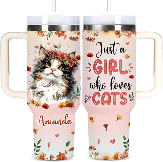 AGGLOMEKC Personalized Cute Cat Cup - Mother's Day Birthday Gift For Animal Lovers - Just A Girl Who Loves Cats Tumbler 40oz With Custom Name - Pet Lover Gifts For Women, Her