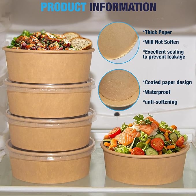 Ruthy's Outlet Kraft Salad Bowls W/Clear Lids ??Disposable Paper Salad Containers, Eco-Friendly | Leak-Resistant | Microwave Safe ??Ideal for Meal Prep, To-Go Orders & Catering (50, 24 oz)