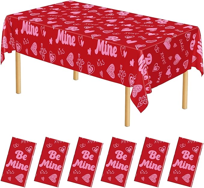 QZYL 6 Pcs Valentines Tablecloth, 54" X 108" Pink Love Heart Plastic Table Cover, Valentines Disposable Rectangle Table Cloth, Galentines Decorations for Love Wedding Engagement Anniversary Party
