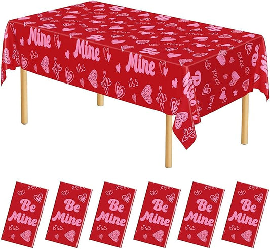 QZYL 6 Pcs Valentines Tablecloth, 54" X 108" Pink Love Heart Plastic Table Cover, Valentines Disposable Rectangle Table Cloth, Galentines Decorations for Love Wedding Engagement Anniversary Party