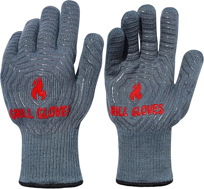 QUWIN BBQ Gloves, Oven Gloves 1472??Extreme Heat Resistant, Grilling Gloves Silicone Non-Slip Oven Mitts, Kitchen Gloves for BBQ, Grilling, Cooking, Baking-1 Pair??(Grey, One Size Fits Most)
