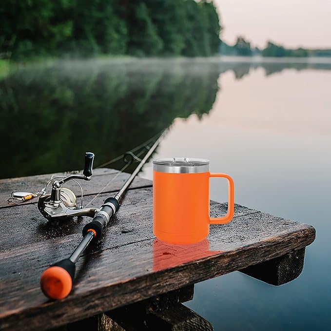 Clear Water Home Goods - (Bulk Pack of 12-15 oz Double Wall Coffee Mug with Lid and Handle, Double Insulated Stainless Steel Travel Tumbler Cup - Powder Coated - Orange