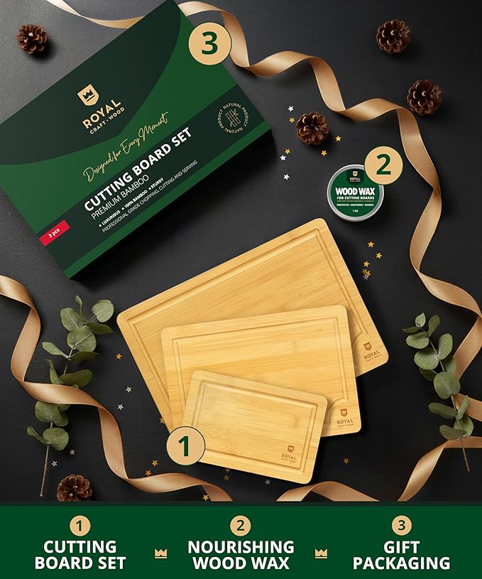 ROYAL CRAFT WOOD Bamboo Cutting Board Gift Set ??3-Piece Reversible Wooden Boards with Deep Juice Groove & Handles ??Premium Charcuterie & Butcher Blocks for Kitchen ??Holiday Gift-Ready Packaging