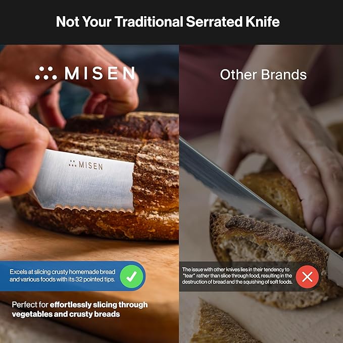 Misen Serrated Bread Knife - High-Carbon Japanese AUS8 Steel - Perfect for Soft Foods, Bread, Pastries, and Fruits - Verstatile Slicer, Razor-Sharp Edge, Durable Blade, Ergonomic Handle - 5", Red