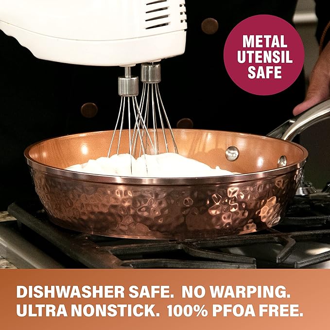 Gotham Steel 10 Inch Hammered Non Stick Frying Pans, Nonstick Frying Pan with Lid, Nonstick Pan, Ceramic Frying Pans Nonstick Skillet, Ceramic Pan, Non Stick Pan, Copper Pan, Dishwasher / Oven Safe
