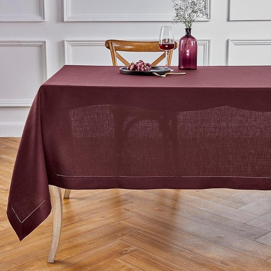 Solino Home Linen Burgundy Tablecloth 60 x 132 Inch - Classic Hemstitch, 100% Pure Linen Rectangular Tablecloth - Machine Washable Table Cloth for Valentines