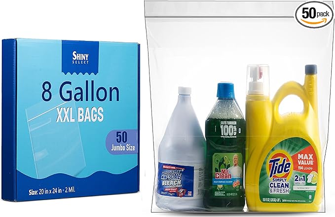 Jumbo Storage 8 Gallon Huge Zipper Storage Bags, 2 Mill Thick Plastic, 20" x 24" Extra Large Size, 50 Count (Shiny Select)