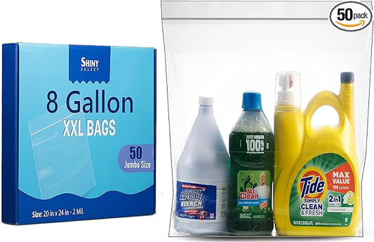 Jumbo Storage 8 Gallon Huge Zipper Storage Bags, 2 Mill Thick Plastic, 20" x 24" Extra Large Size, 50 Count (Shiny Select)