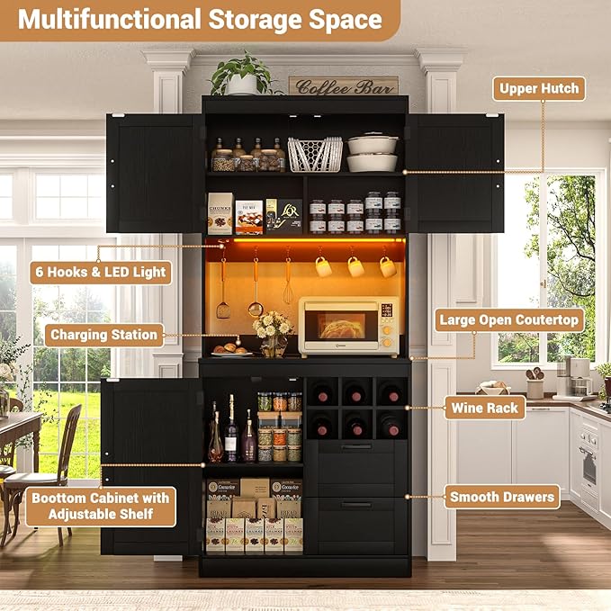 Unikito 72" Tall Pantry Cabinet, Kitchen Pantry Storage Cabinet with LED Light & Outlet, Kitchen Hutch Bar Cabinet with Microwave Stand, Wine Rack, Drawers and Shelves, Cupboard for Dining Room, Black