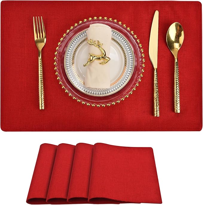 SLKQG Christmas Red Linen Fabric Placemats Set of 4, Heat Resistant & Machine Washable Double-Layered Cloth Placemats for Dining Table, Indoor/Outdoor Use, Non-Slip Kitchen Table Mats (4, Bright Red)