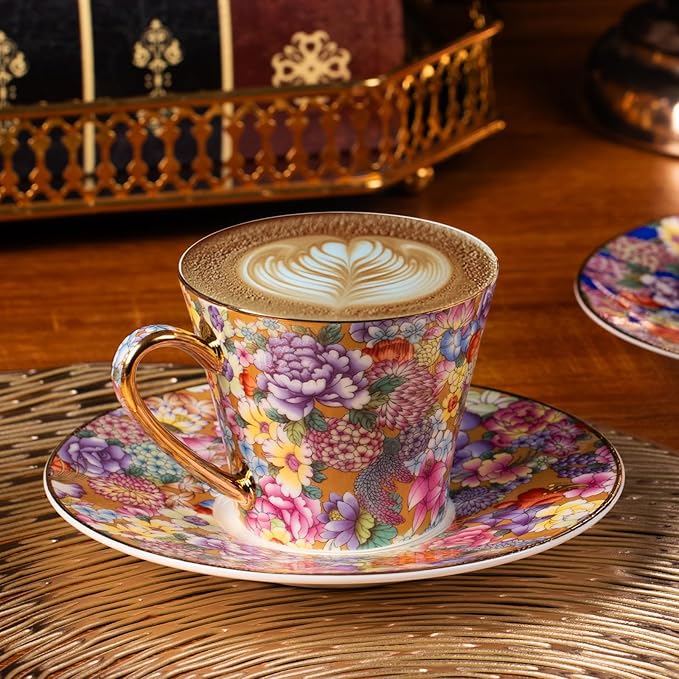 KAMMAK Tea Cups and Saucers Set of 2, Porcelain Coffee Cup with Saucer for Espresso, Cappuccino, 7.5oz Vintage Yellow Floral Ceramic Novelty Mug for Home, Tea Party, Office