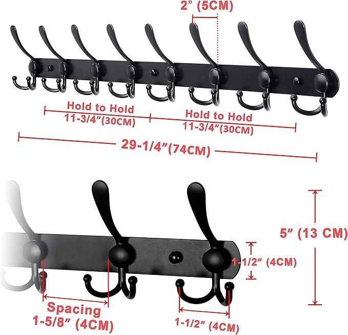 Dseap Coat Rack Wall Mount - 29.5??Long 8-Tri-Hooks Heavy Duty Coat Hanger Rail Wall Hooks for Hanging Coats Hats Clothing Clothes Purse Mudroom Entryway, Black