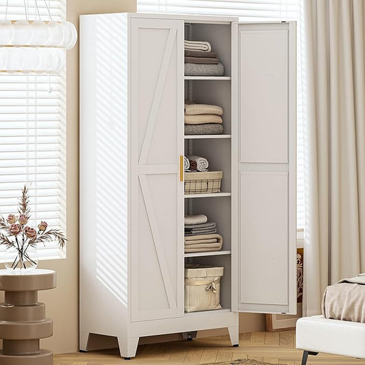 71" H Metal Storage Cabinet,White Pantry Cabinets with Doors and Shelves,Tall Food Kitchen Cabinets,Farmhouse Kitchen Cabinet,Freestanding Cabinet