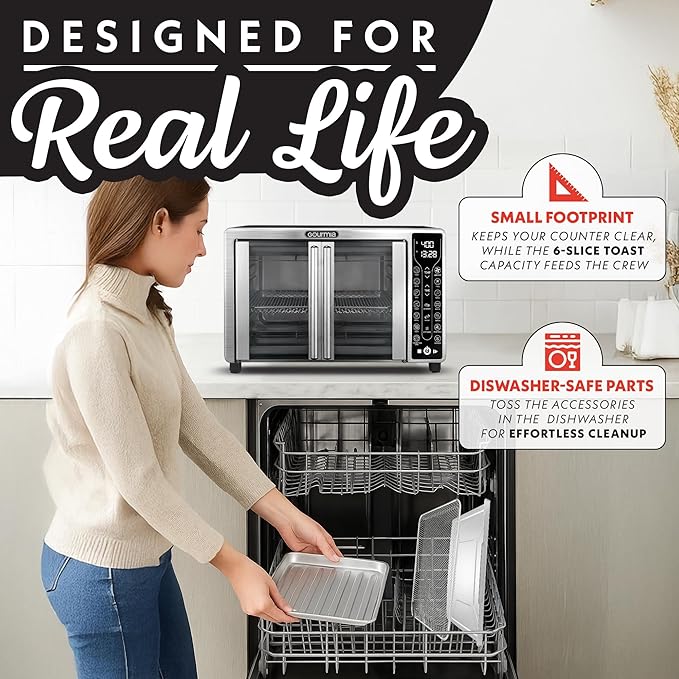Gourmia French Door Air Fryer ??25 Qt Large Capacity Convection Oven, Fryfroce 360째, Digital Display with 17 Cooking Presets, Bake, Toast, Roast, Dehydrate, Fits 12??Pizza