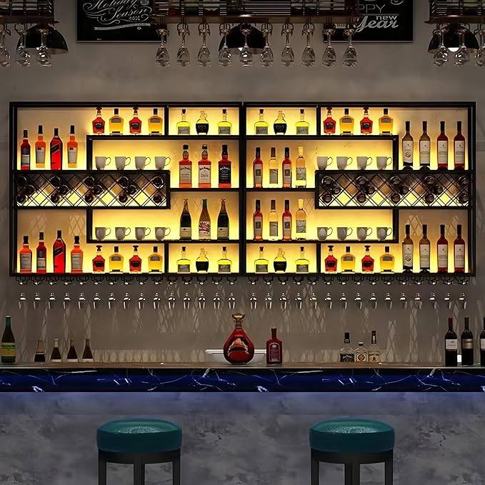 79 Inch Iron Wall Mounted Wine Rack & Bar Shelf for Liquor Bottles, Industrial Wall Bar Shelf with LED Lights, Large Capacity Metal Hanging Goblet Rack for Kitchen, Dining Room, Black