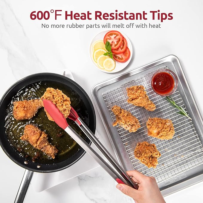 600쨘F Heat Resistant Kitchen Tongs: U-Taste 16 inch Extra Long Large Silicone Cooking Tong with Sturdy Non Stick Rubber Tips & Non Slip Silicon Coated 18/8 Stainless Steel Handle for Grilling BBQ(Red)