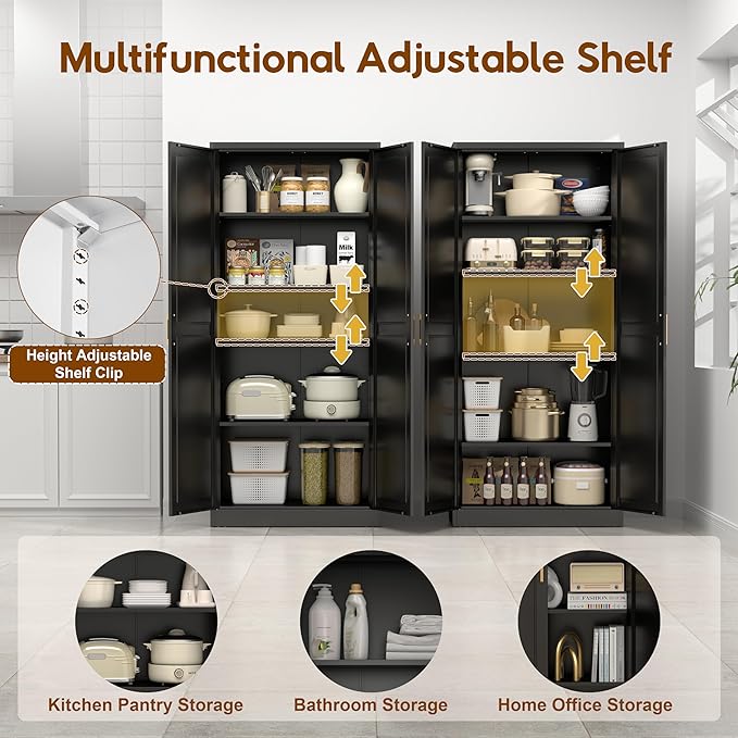 71" Kitchen Pantry Cabinet, Pantry Storage Cabinet with Doors and 4 Shelves, Metal Storage Cabinets for Kitchens, Living Room, Dinning Room, Assembly Required, Black