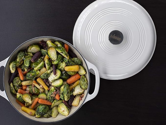 Lodge 3 Quart Enameled Cast Iron Dutch Oven with Lid ??Dual Handles ??Oven Safe up to 500째 F or on Stovetop - Use to Marinate, Cook, Bake, Refrigerate and Serve ??Oyster White