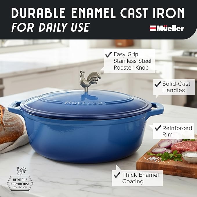 MUELLER HOME 5.5 Quart Enameled Cast Iron Oval Dutch Oven w Rooster Knob & Cotton Potholders, Heavy-Duty Cookware, Oven-Safe up to 500째 F & Across All Cooktops, Gifts for Grandma & Women, Aqua Blue