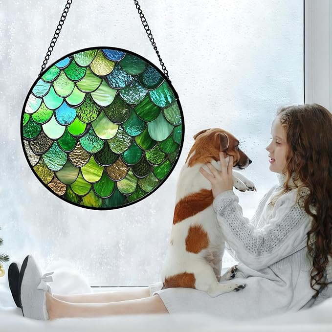 Stained Glass Window Hanging Green Abstract Texture 6.3" - Marine Suncatcher Door Garden Sun Catcher Home Decor Birthday Christmas for Mom Men Woman Wife Friend
