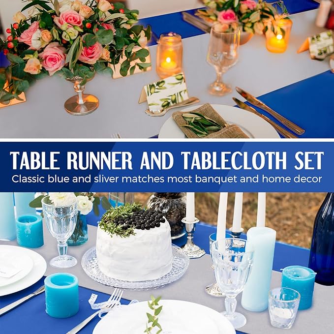 Tudomro 16 Pieces Silver and Dark Blue Disposable Plastic Tablecloths and Satin Table Runner Set 54x108 Inch Tablecloth 12x108 Inch Table Runners for New Year Wedding Birthday Baby Shower Graduation
