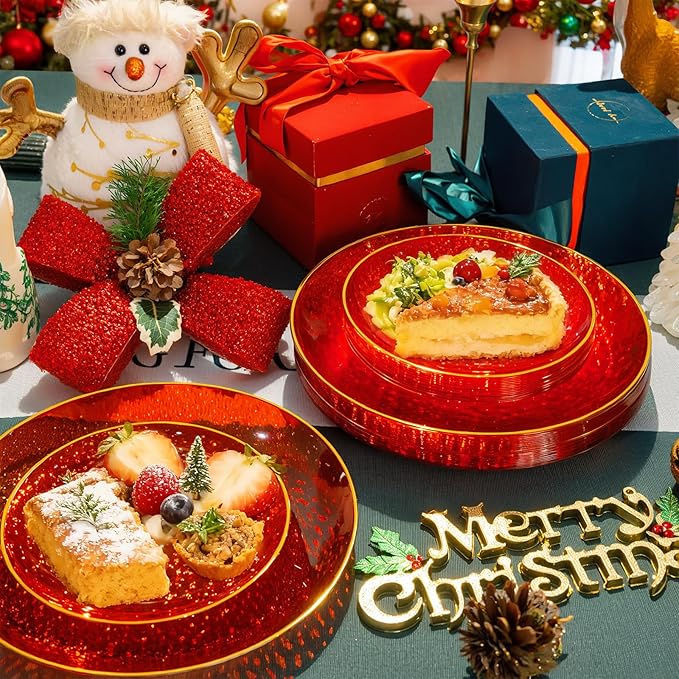 SUT 100Pcs Red Plastic Plates, Hammered Plates Disposable Heavy Duty, Red Disposable Plates With Gold Rim, Fancy Plastic plates Include 50 Dinner Plate and 50 Dessert Plate for Wedding