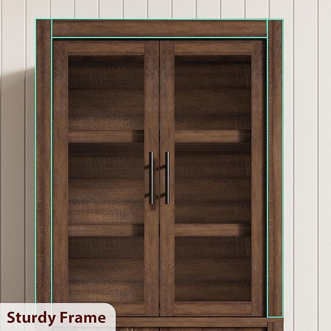 70.45??Tall Farmhouse Kitchen Pantry Cabinet, Wood Storage Cabinet with 4 Doors & Adjustable Shelves, Anti-Tip Design, Sturdy Bookcase for Kitchen/Dining/Office, Walnut-Glass