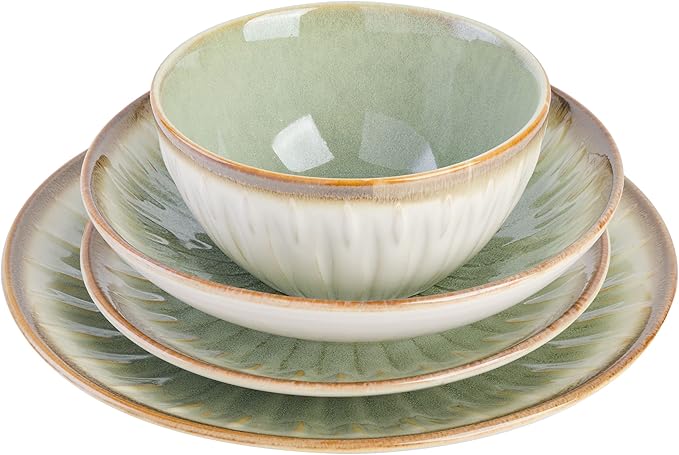 Gibson Elite Mayfair Bay 16-Piece Embossed Double Bowl Dinnerware Set, Service for 4 ??Green Stoneware Plates and Bowls