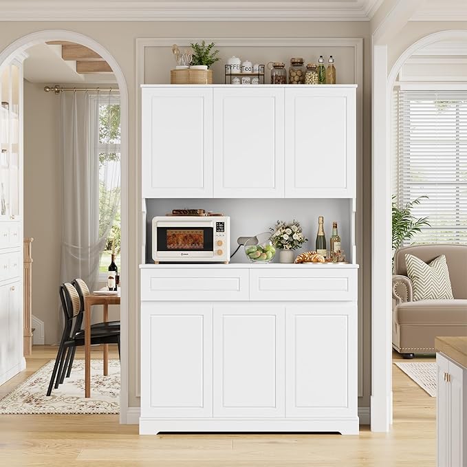 FACBOTALL 74" Pantry Cabinet, Tall Kitchen Pantry Cabinet with 6 Doors and 2 Drawers, Kitchen Hutch with Wide Countertop, Modern Kitchens Cupboard with Adjustable Shelves and Charge Holes, White