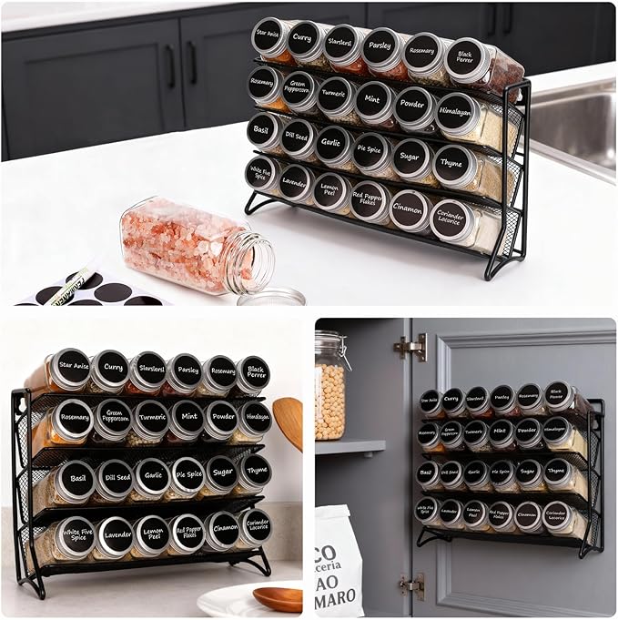 DIDITIME Spice Rack Organizer with 24 Glass Jars and 60 Spice Labels, Seasoning Organizer for Kitchen, Countertop, Cabinet, Pantry, Cupboard竊똕pice Organization for Cabinet竊?Space-Saving & Tidy