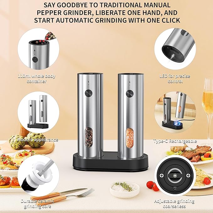 Electric Salt and Pepper Grinder Set (with Rechargeable Base), Featuring LED Lighting, Ideal for Kitchen and Outdoor Use.