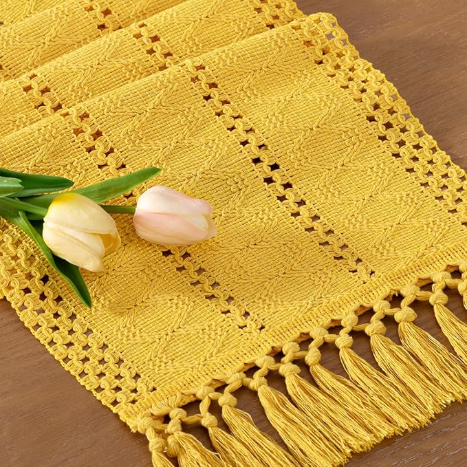 Socomi Boho Table Runner Macrame Valentine's Day Farmhouse Woven Cotton Linen Rustic Coffee Table Runner with Tassels for Dresser Scarf Home Decor Dining Room 12x90 in Yellow Gold