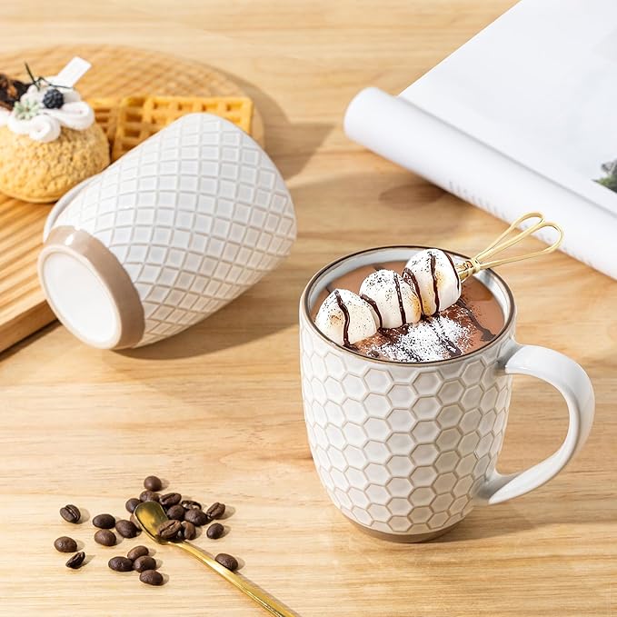 GBhome Large Coffee Mugs Set of 6, 16oz Handmade Embossed Coffee Mugs Set with Large Handle for Cappuccino/Latte/Tea/Hot Cocoa, Dishwasher & Microwave Safe, Off White