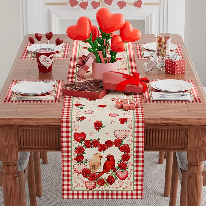 XCHI Plaid Roses Flowers Love Hearts Cardinal Valentine's Day Table Runner Table Decoration for Party Home Kitchen Dining Holiday Decor 13x36 Inch