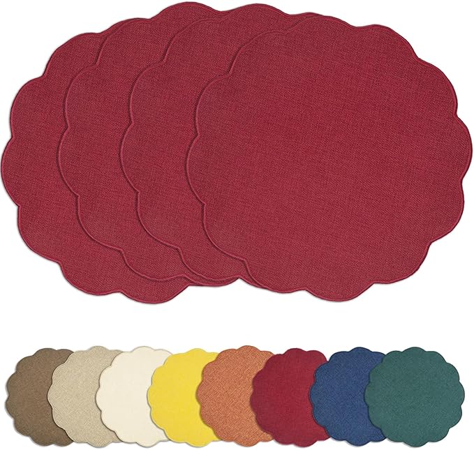 AHHFSMEI Round Faux Linen Placemats Set of 4 Waterproof Table Mats Heat Resistant Non-Slip and Stain Proof for Kitchen Dining Elegant Decor (Burgendy red,4)