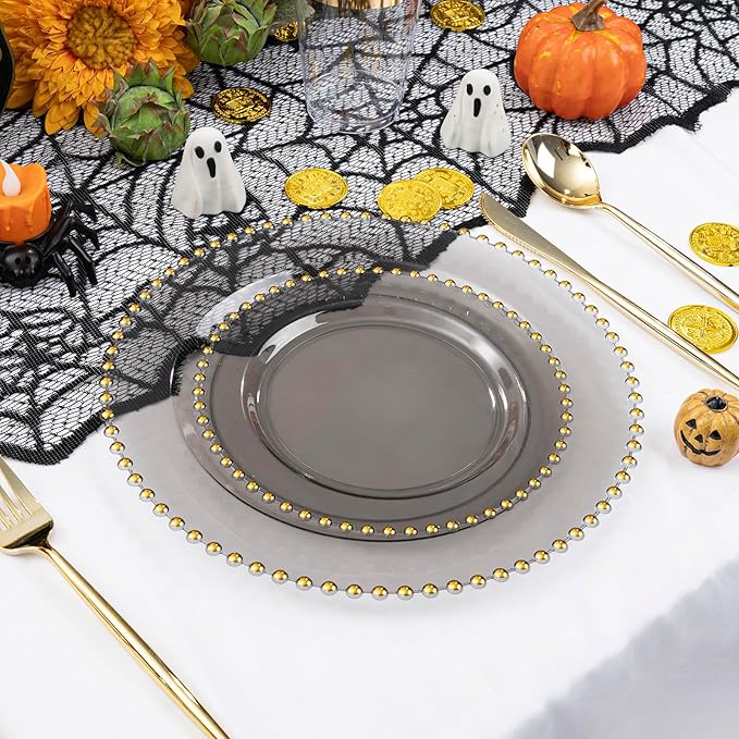 EI 60pcs Black and Gold Plastic Plates Clear with Black Disposable Plates Heavy Duty Gold Plastic Dinnerware Set For 30 Guests Perfect Wedding,Party,Birthday,Anniversary,Business Events,Hotel Banquets